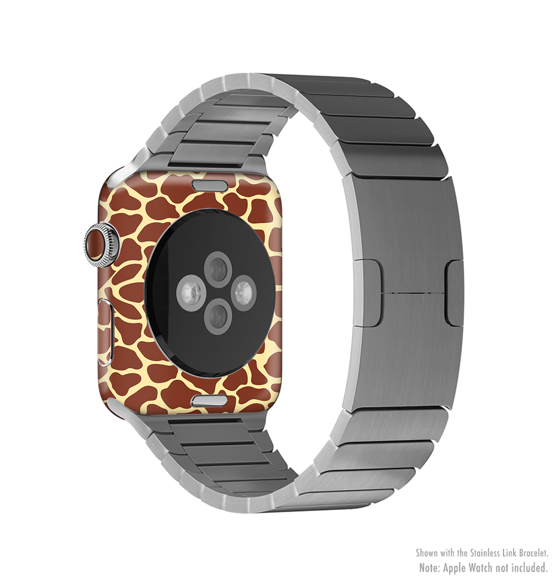 A stylish Apple Watch with a giraffe print skin, showcasing its unique design and full-body coverage.