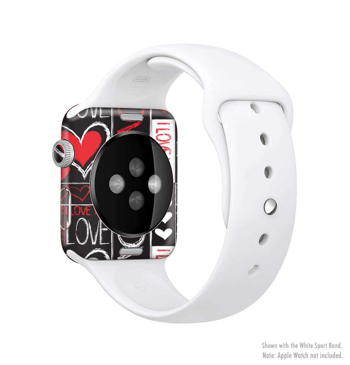 The Sketch Love Heart Collage Skin Kit for Apple Watch, showcasing a vibrant heart design on a sleek vinyl surface.