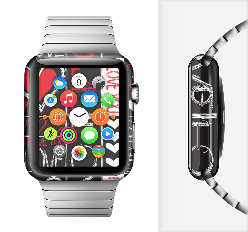 The Sketch Love Heart Collage Skin Kit for Apple Watch, showcasing a vibrant heart design on a sleek vinyl surface.