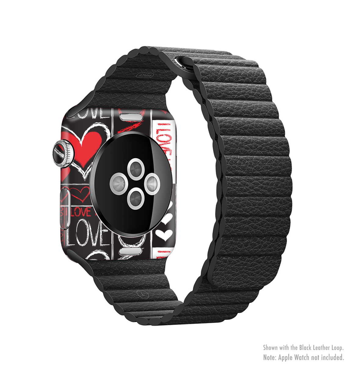 The Sketch Love Heart Collage Skin Kit for Apple Watch, showcasing a vibrant heart design on a sleek vinyl surface.