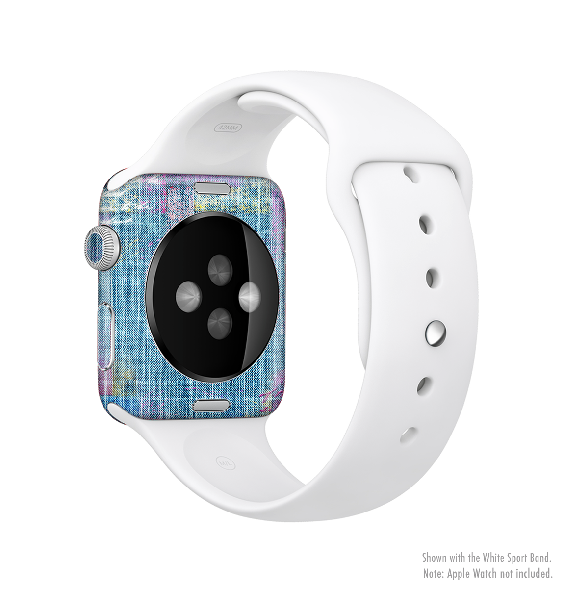 Sketched Blue Word Surface Full-Body Skin Kit for Apple Watch, showcasing vibrant design and premium vinyl material.