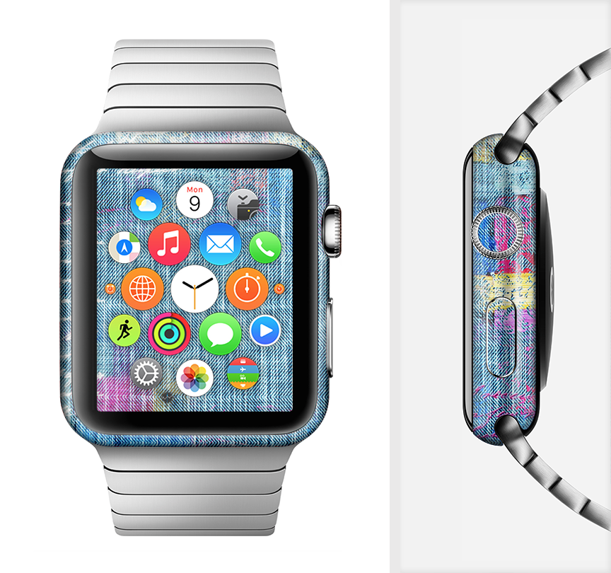 Sketched Blue Word Surface Full-Body Skin Kit for Apple Watch, showcasing vibrant design and premium vinyl material.