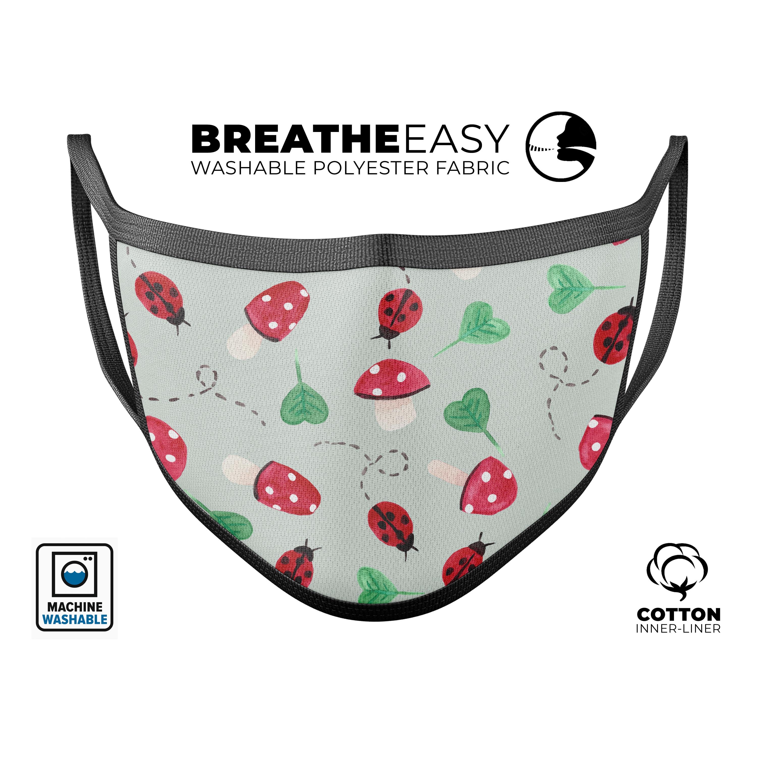 Sping Lady Bug and Heart Clovers unisex mouth cover, featuring vibrant dye-sublimated design, adjustable ear-loops, and soft cotton interior.