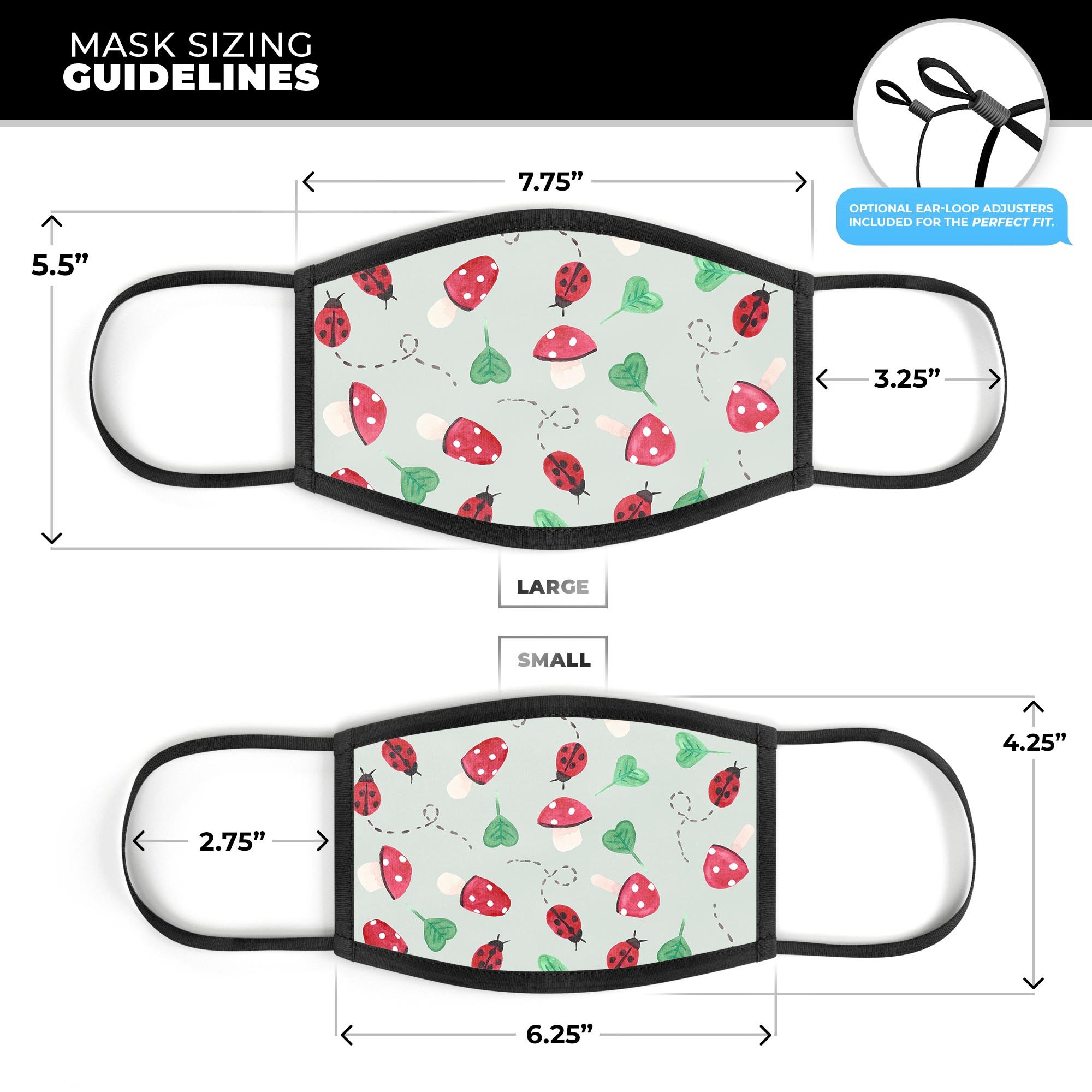 Sping Lady Bug and Heart Clovers unisex mouth cover, featuring vibrant dye-sublimated design, adjustable ear-loops, and soft cotton interior.