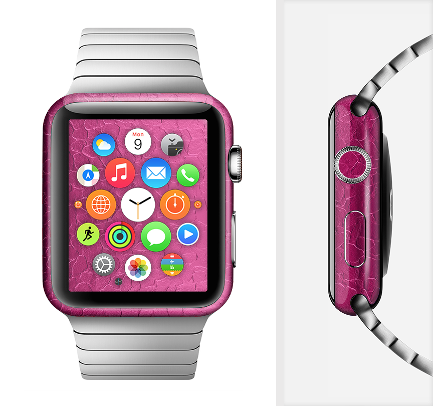 The Stamped Pink Texture Full-Body Skin Kit for Apple Watch, showcasing a stylish pink textured design that fits perfectly on the device.