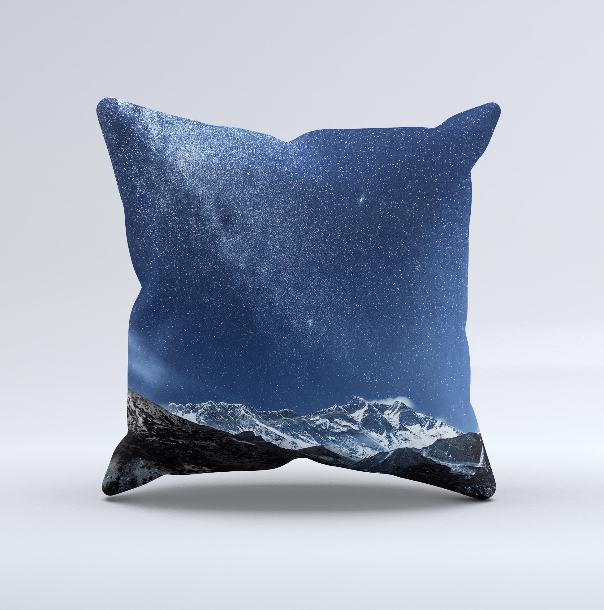 Handcrafted Starry Mountaintop ink-Fuzed Decorative Throw Pillow with unique design, high thread count covering, and plush polyester filling.