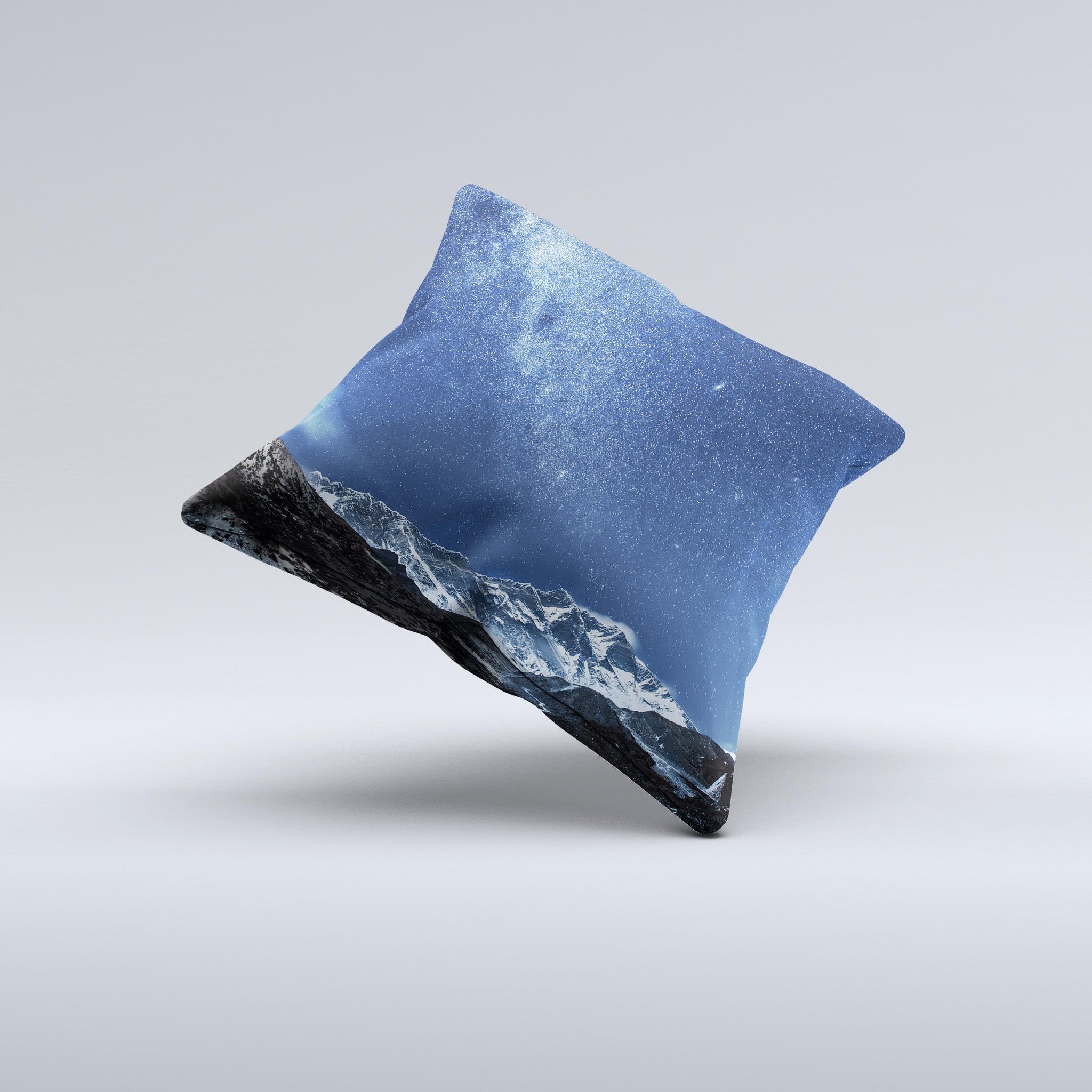 Handcrafted Starry Mountaintop ink-Fuzed Decorative Throw Pillow with unique design, high thread count covering, and plush polyester filling.