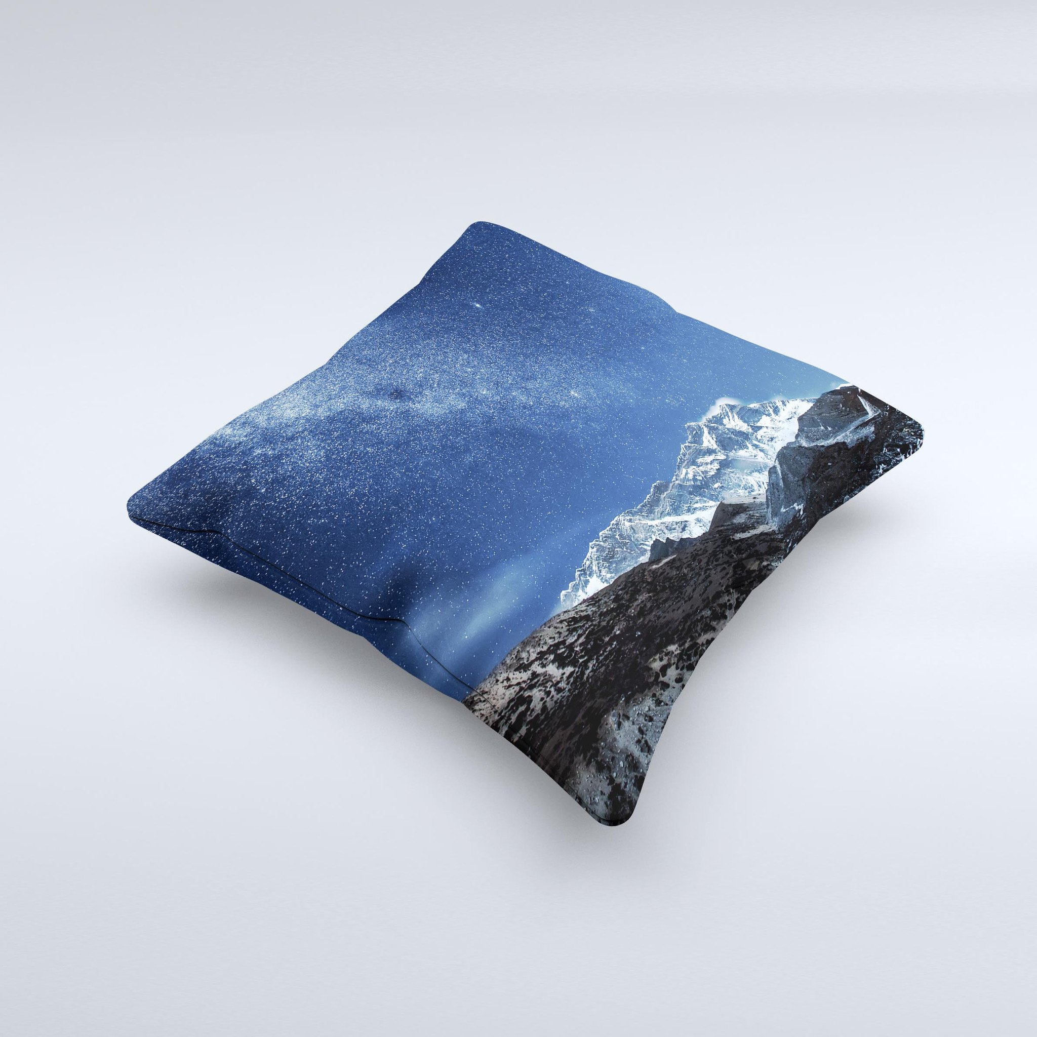 Handcrafted Starry Mountaintop ink-Fuzed Decorative Throw Pillow with unique design, high thread count covering, and plush polyester filling.