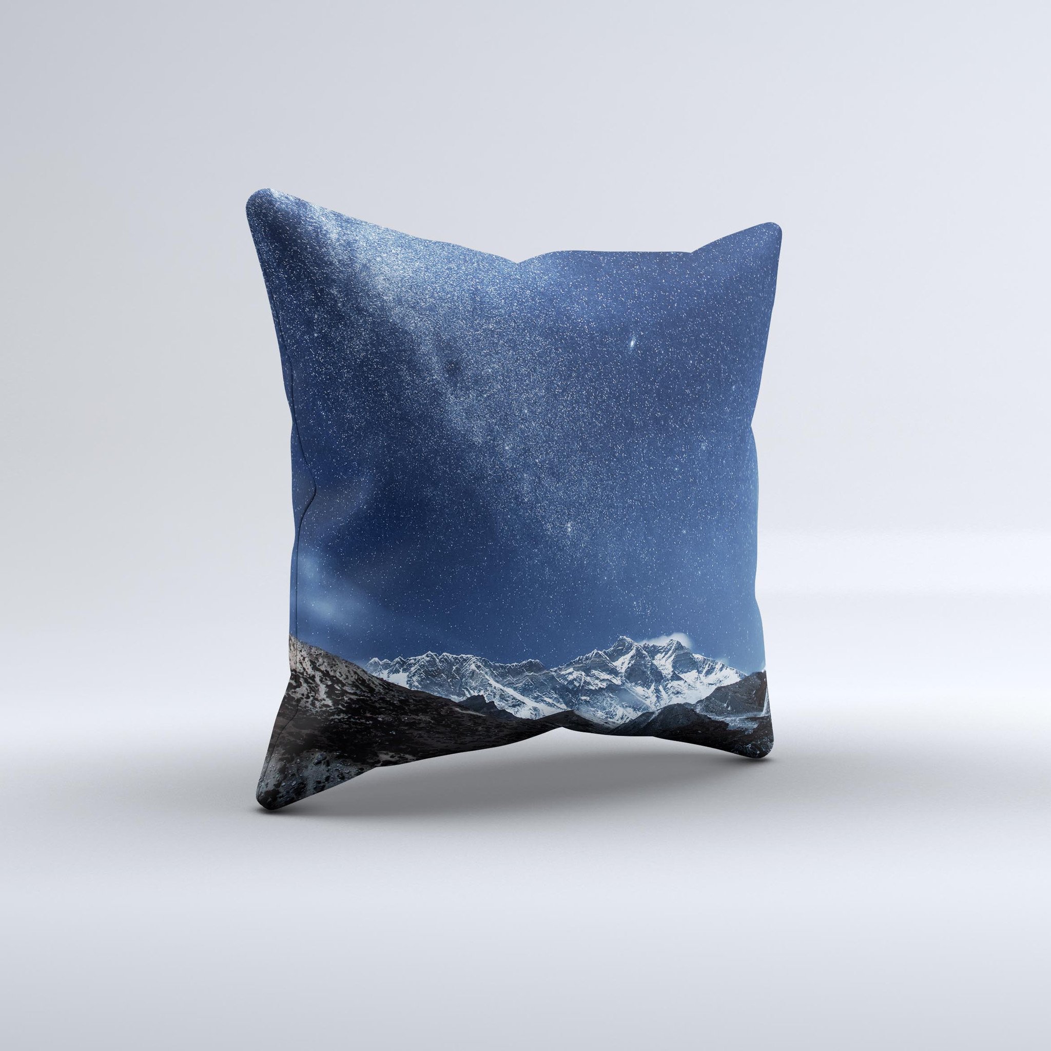 Handcrafted Starry Mountaintop ink-Fuzed Decorative Throw Pillow with unique design, high thread count covering, and plush polyester filling.