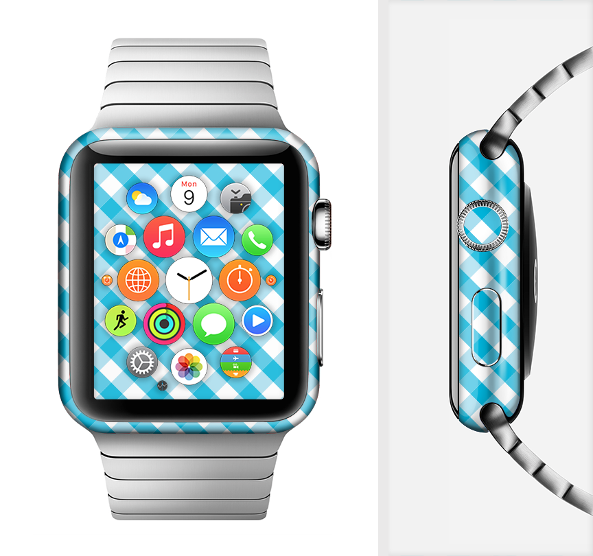 Subtle Blue & White Plaid Full-Body Skin Kit for Apple Watch, showcasing a stylish design that fits perfectly on the device.