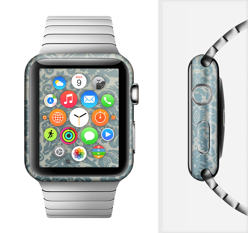 Subtle Green Lace Pattern Full-Body Skin Kit for Apple Watch, showcasing a stylish design that fits perfectly on the device.