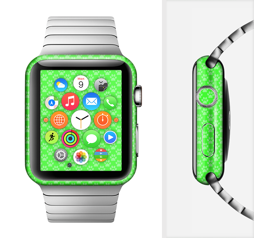 Subtle Green Paw Prints Full-Body Skin Kit for Apple Watch, showcasing a stylish design with paw prints on a sleek vinyl surface.