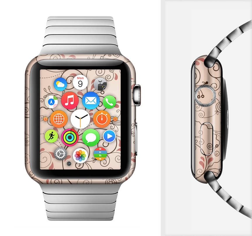 The Subtle Pinks Laced Design Full-Body Skin Kit for Apple Watch, showcasing a stylish pink laced pattern on a sleek watch.