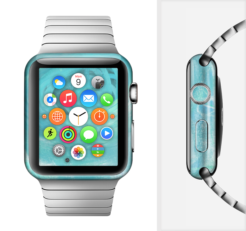 Subtle Teal Watercolor Full-Body Skin Kit for Apple Watch, showcasing a vibrant teal watercolor design on a sleek vinyl material.