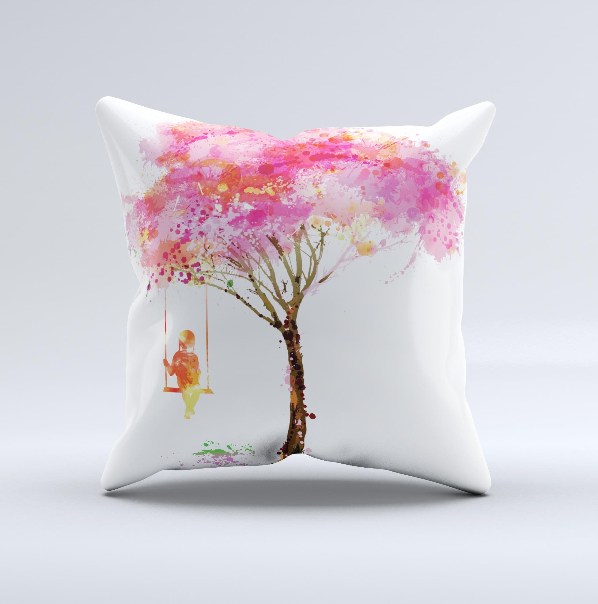 The Summer Swing ink-Fuzed Decorative Throw Pillow featuring vibrant colors and unique handmade design, perfect for home decor.