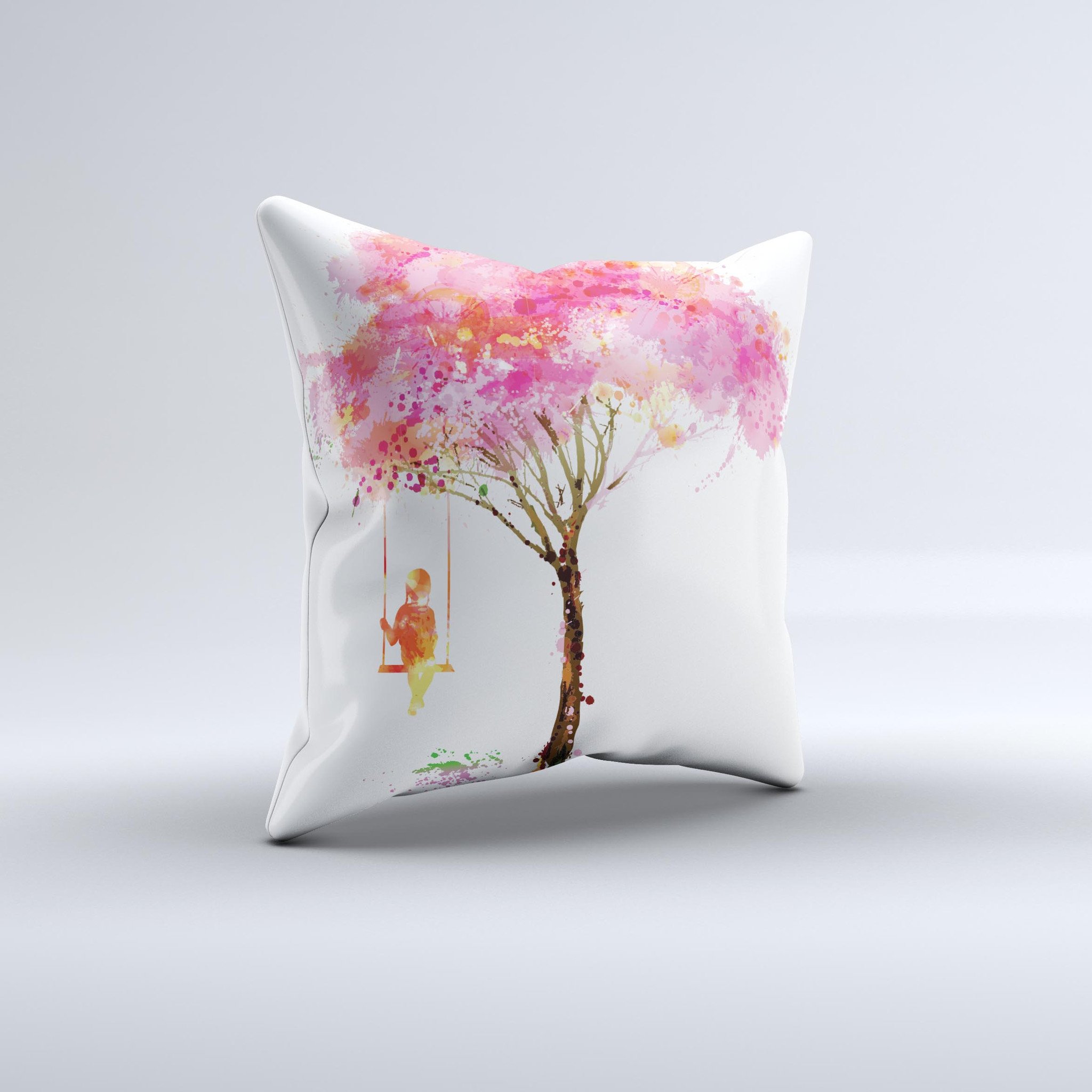 The Summer Swing ink-Fuzed Decorative Throw Pillow featuring vibrant colors and unique handmade design, perfect for home decor.