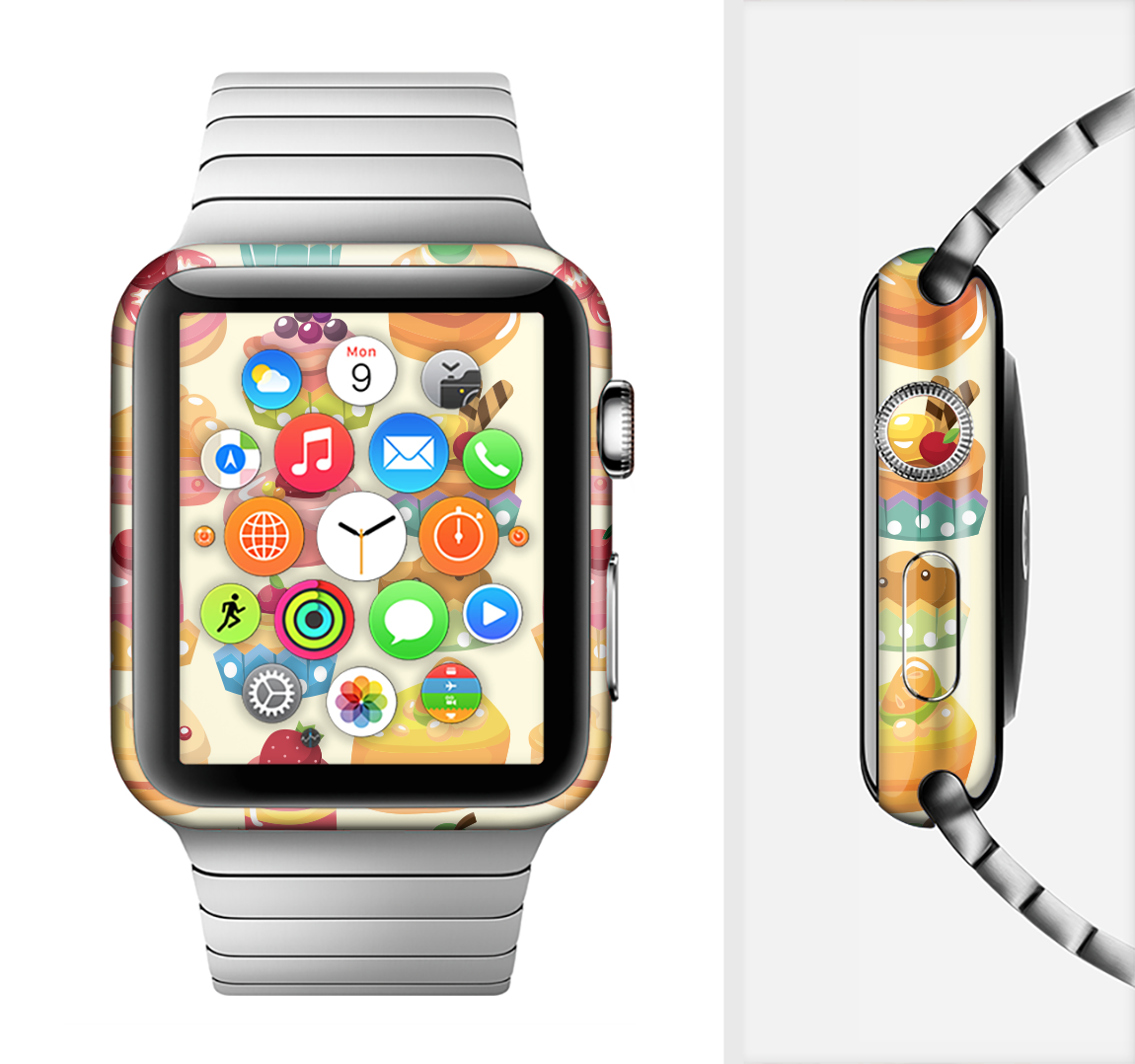 The Sweet Treat Pattern Full-Body Skin Kit for Apple Watch showcasing vibrant colors and stylish design, perfectly fitted to the watch.