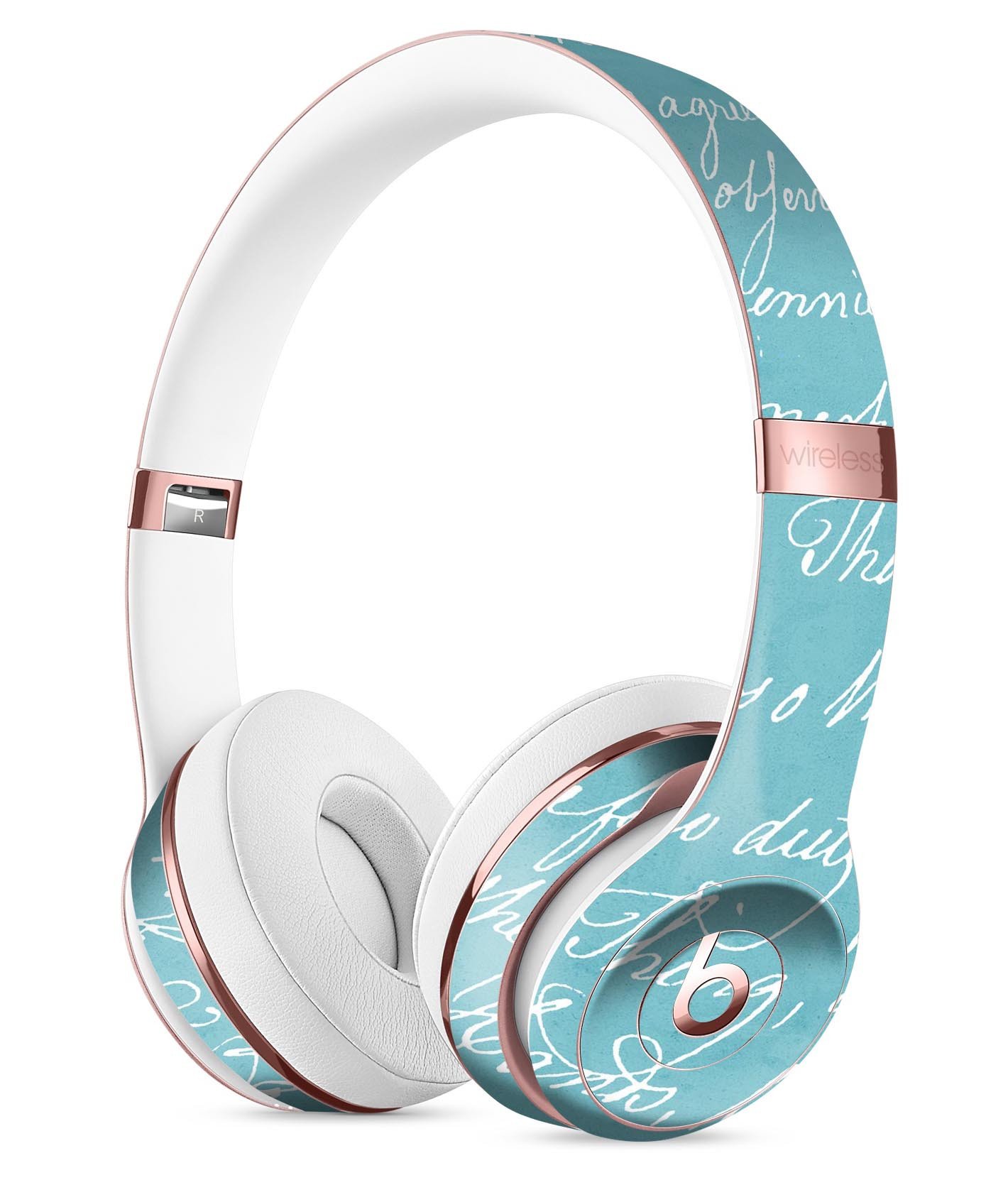 Teal 18th Century Script Skin Kit for Beats by Dre Solo 3 Wireless Headphones, showcasing a stylish design and premium vinyl material.