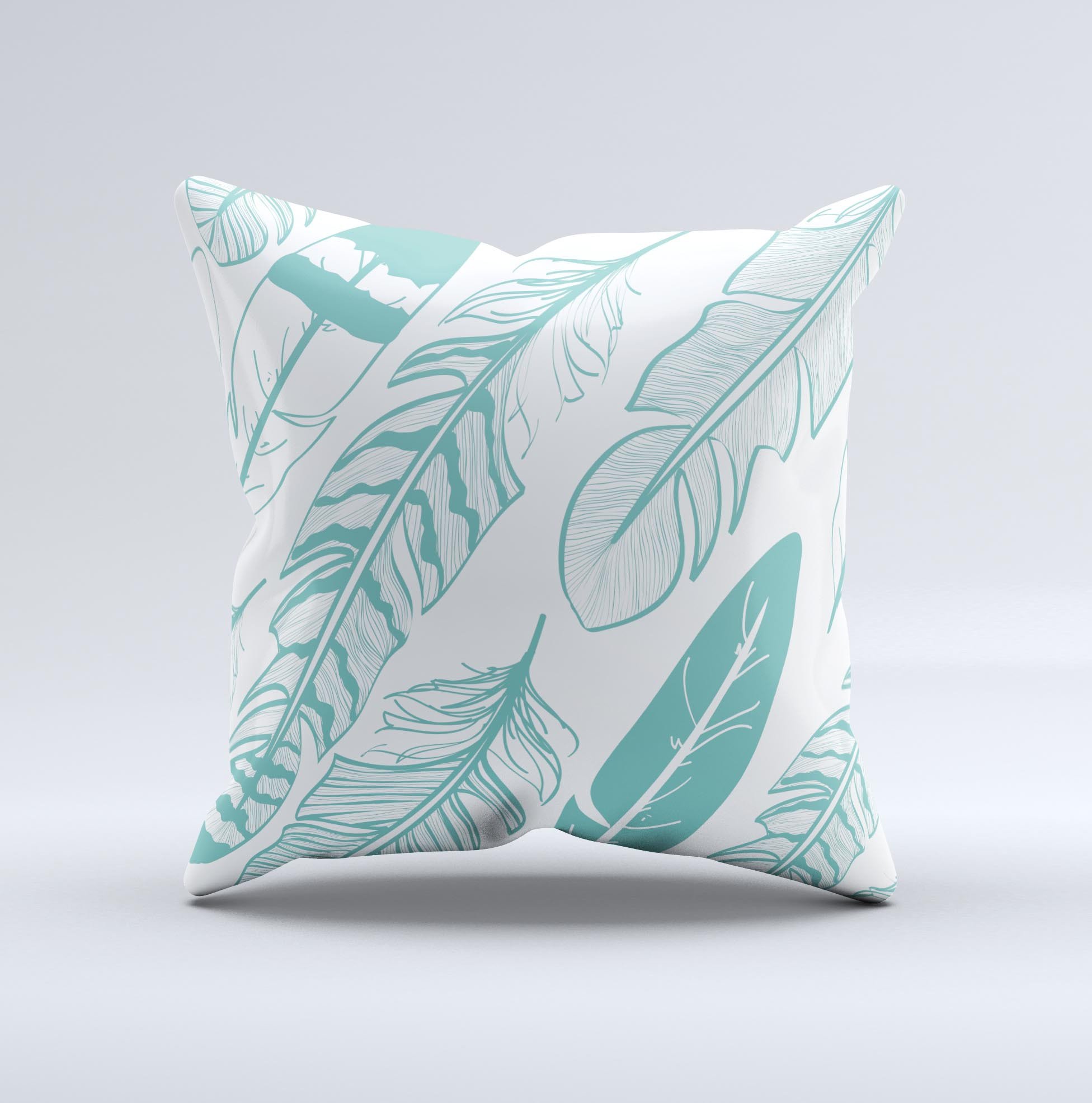 Teal Feather Pattern ink-Fuzed Decorative Throw Pillow showcasing a vibrant teal feather design on a high-quality fabric.