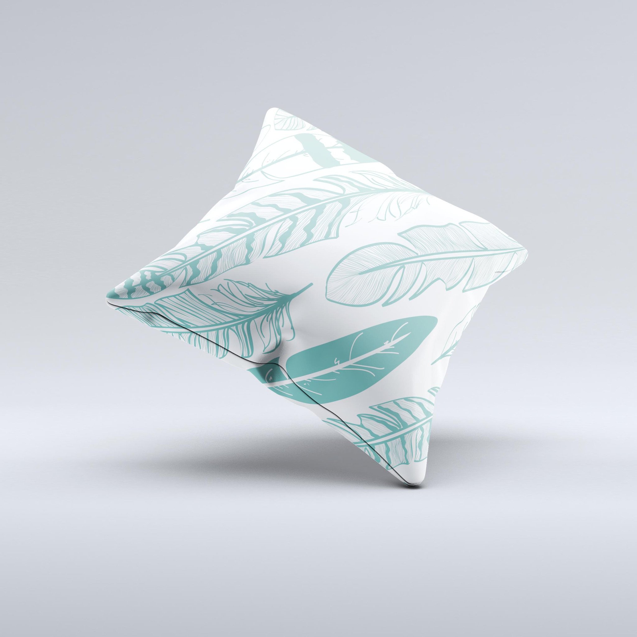 Teal Feather Pattern ink-Fuzed Decorative Throw Pillow showcasing a vibrant teal feather design on a high-quality fabric.