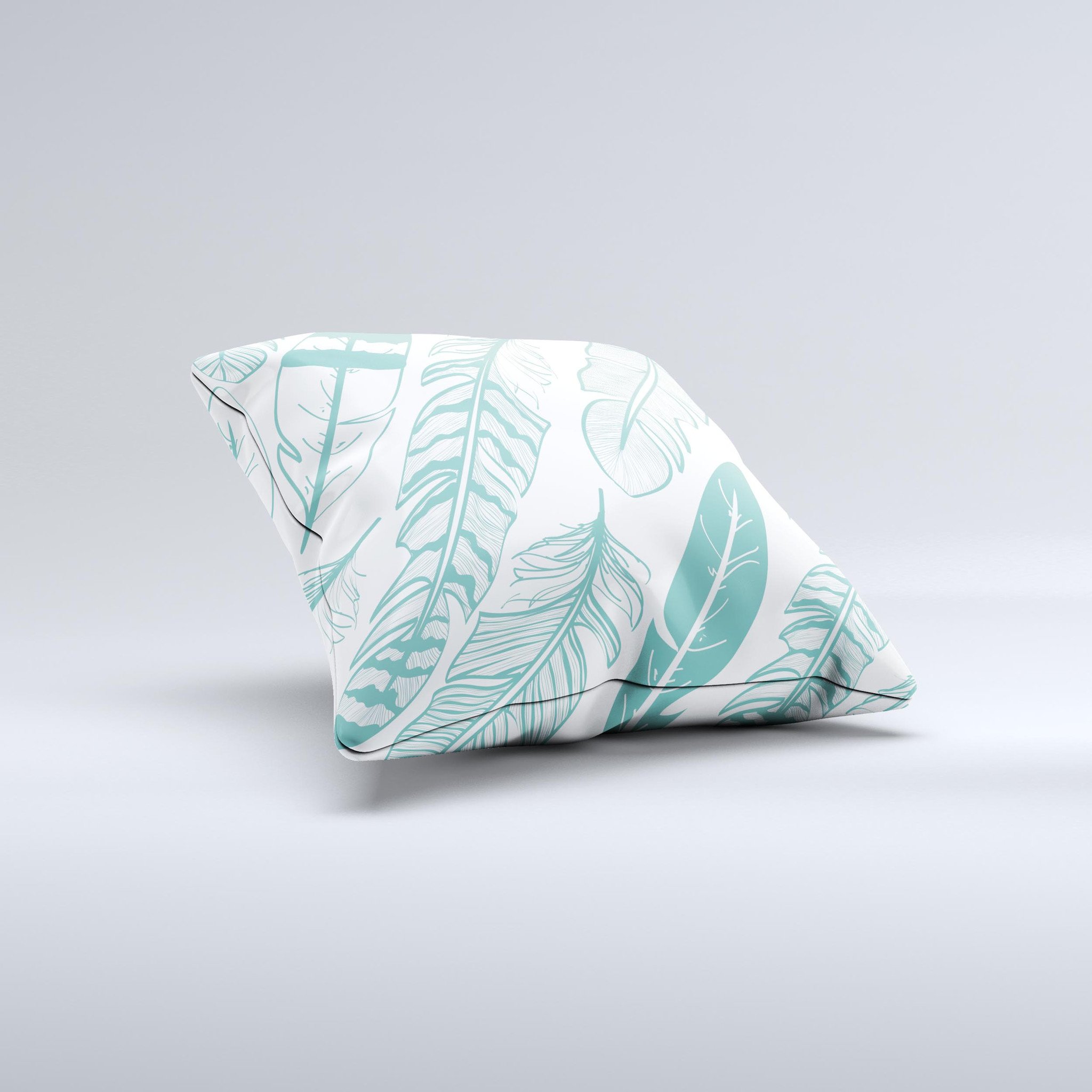 Teal Feather Pattern ink-Fuzed Decorative Throw Pillow showcasing a vibrant teal feather design on a high-quality fabric.