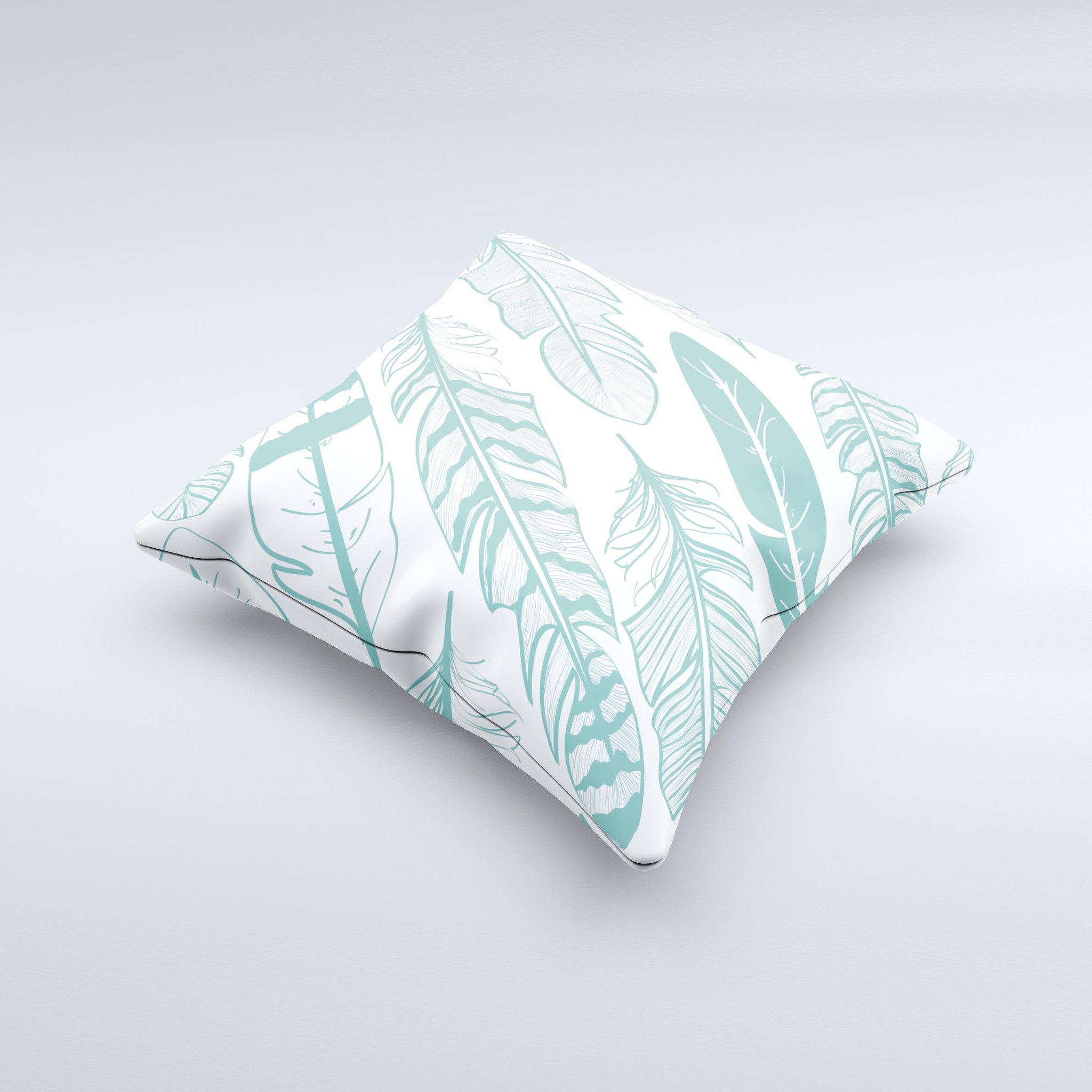 Teal Feather Pattern ink-Fuzed Decorative Throw Pillow showcasing a vibrant teal feather design on a high-quality fabric.