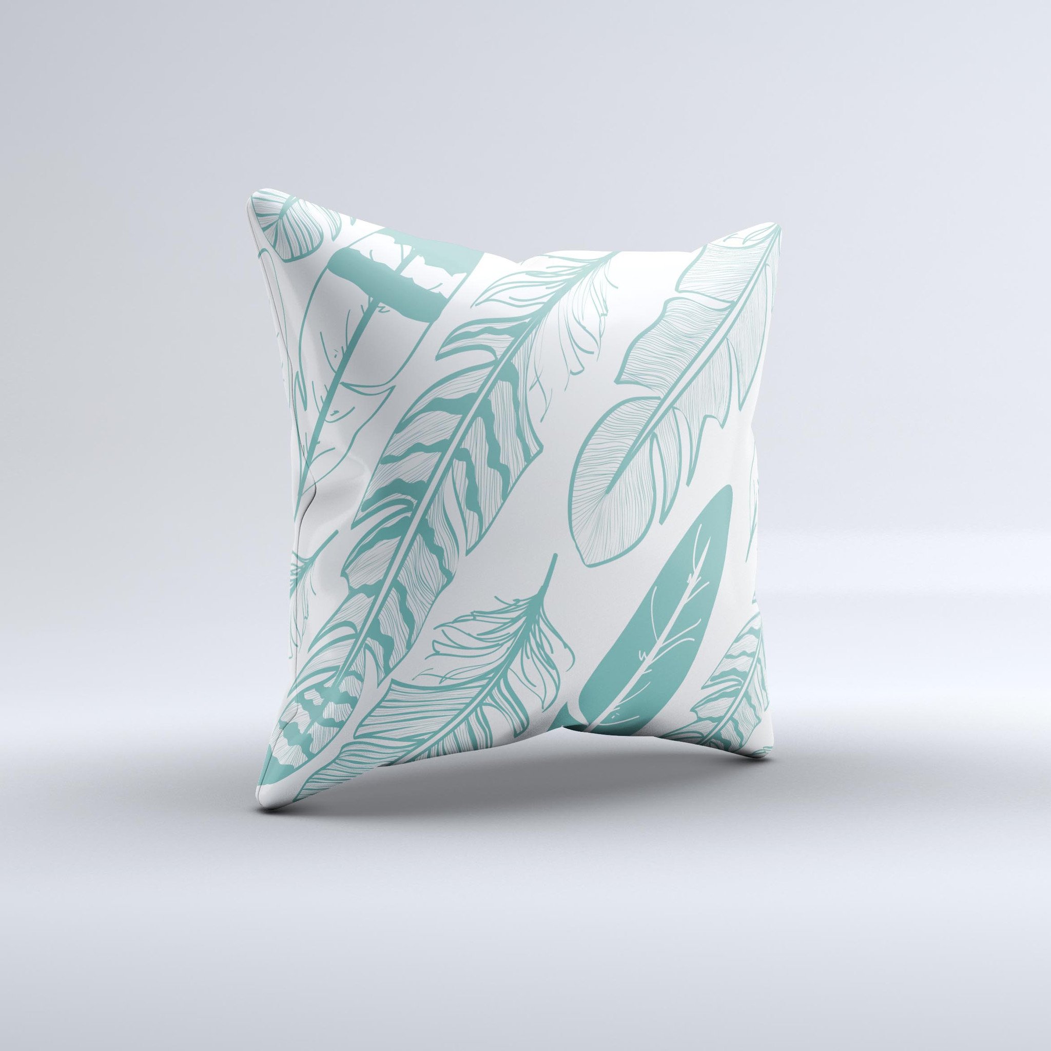 Teal Feather Pattern ink-Fuzed Decorative Throw Pillow showcasing a vibrant teal feather design on a high-quality fabric.