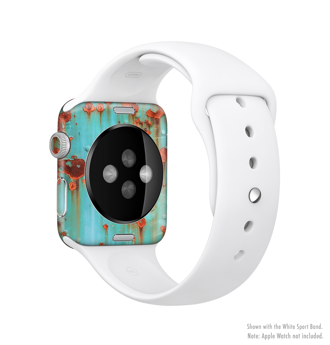 Teal Painted Rustic Metal Skin Kit for Apple Watch, showcasing a stylish design that fits snugly on the device.