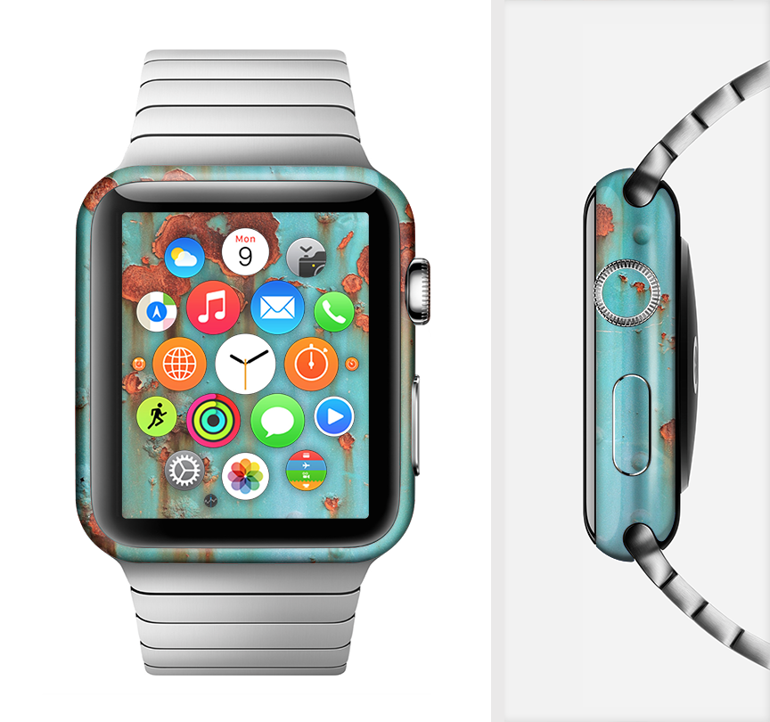 Teal Painted Rustic Metal Skin Kit for Apple Watch, showcasing a stylish design that fits snugly on the device.