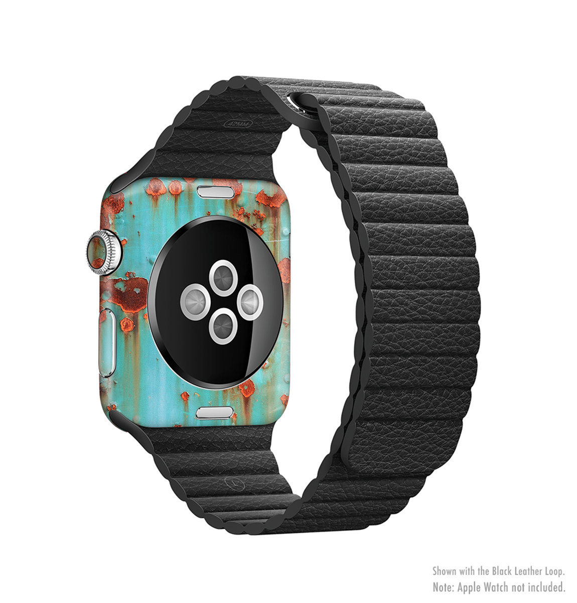 Teal Painted Rustic Metal Skin Kit for Apple Watch, showcasing a stylish design that fits snugly on the device.