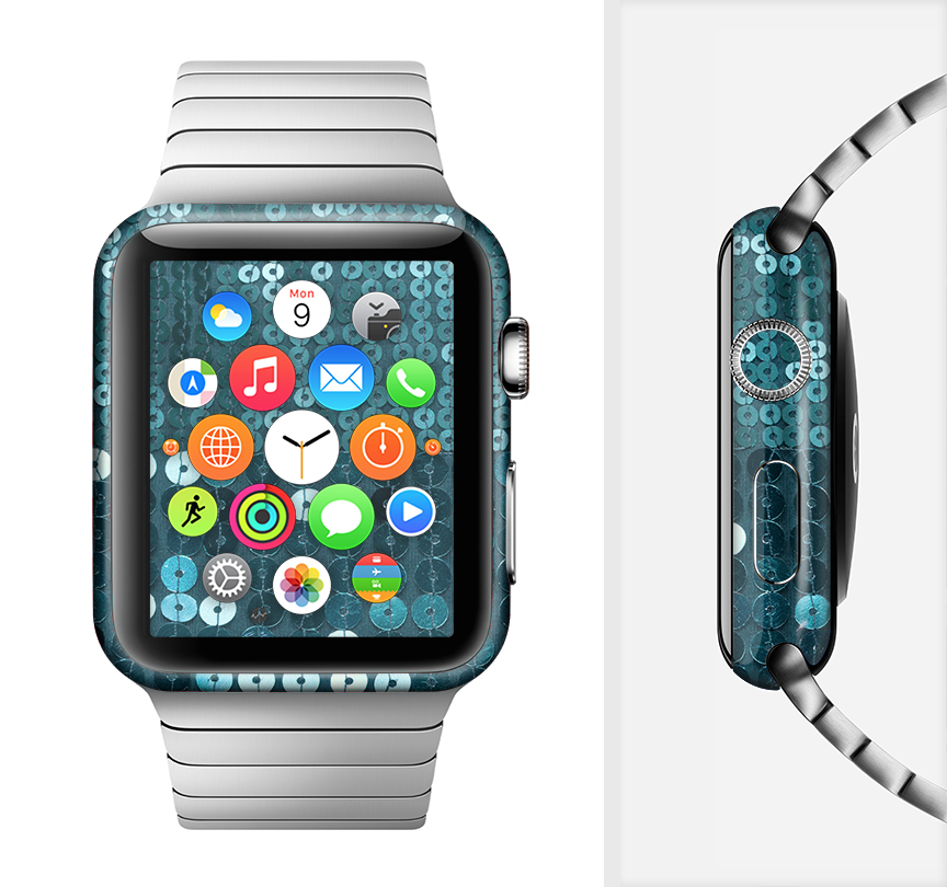 Teal Sequences Full-Body Skin Kit for Apple Watch, showcasing vibrant teal color and unique sequence pattern.