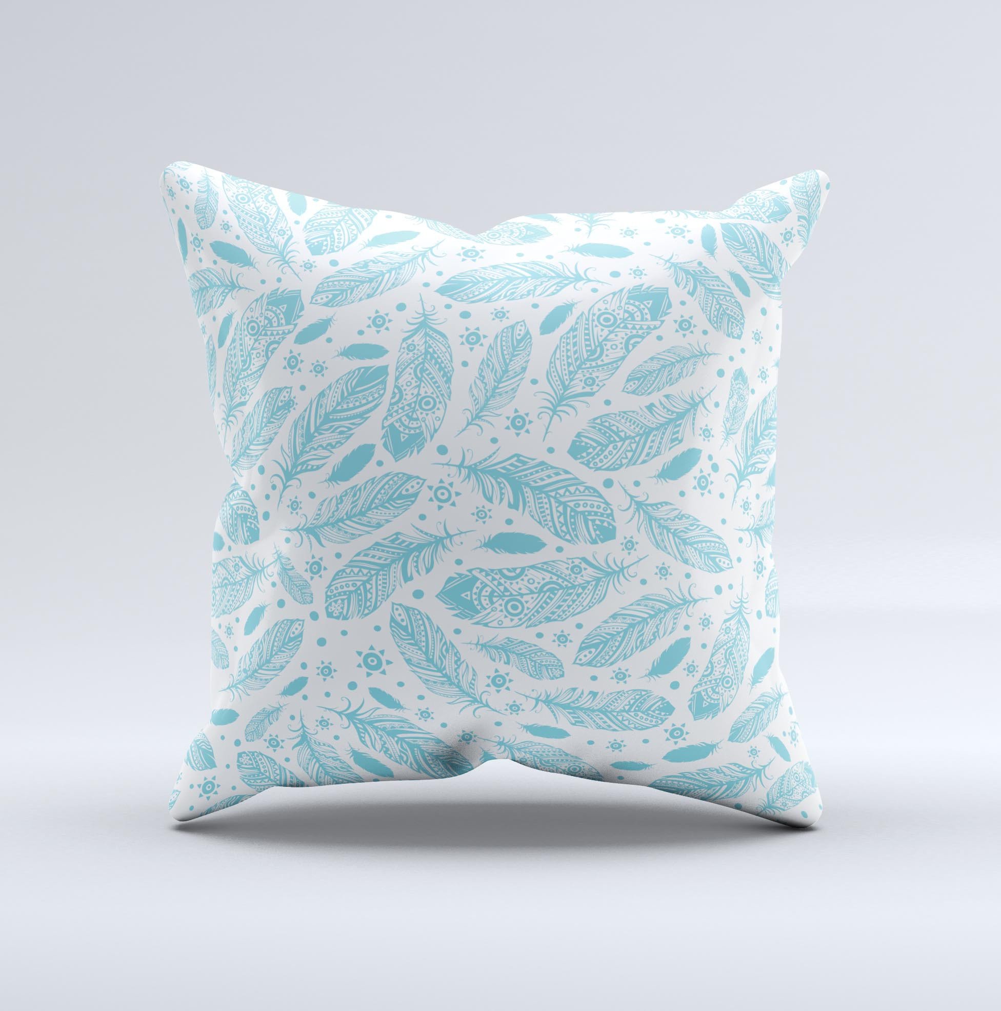 Teal Zendoodle Feathers decorative throw pillow with intricate feather design, handcrafted in Virginia.