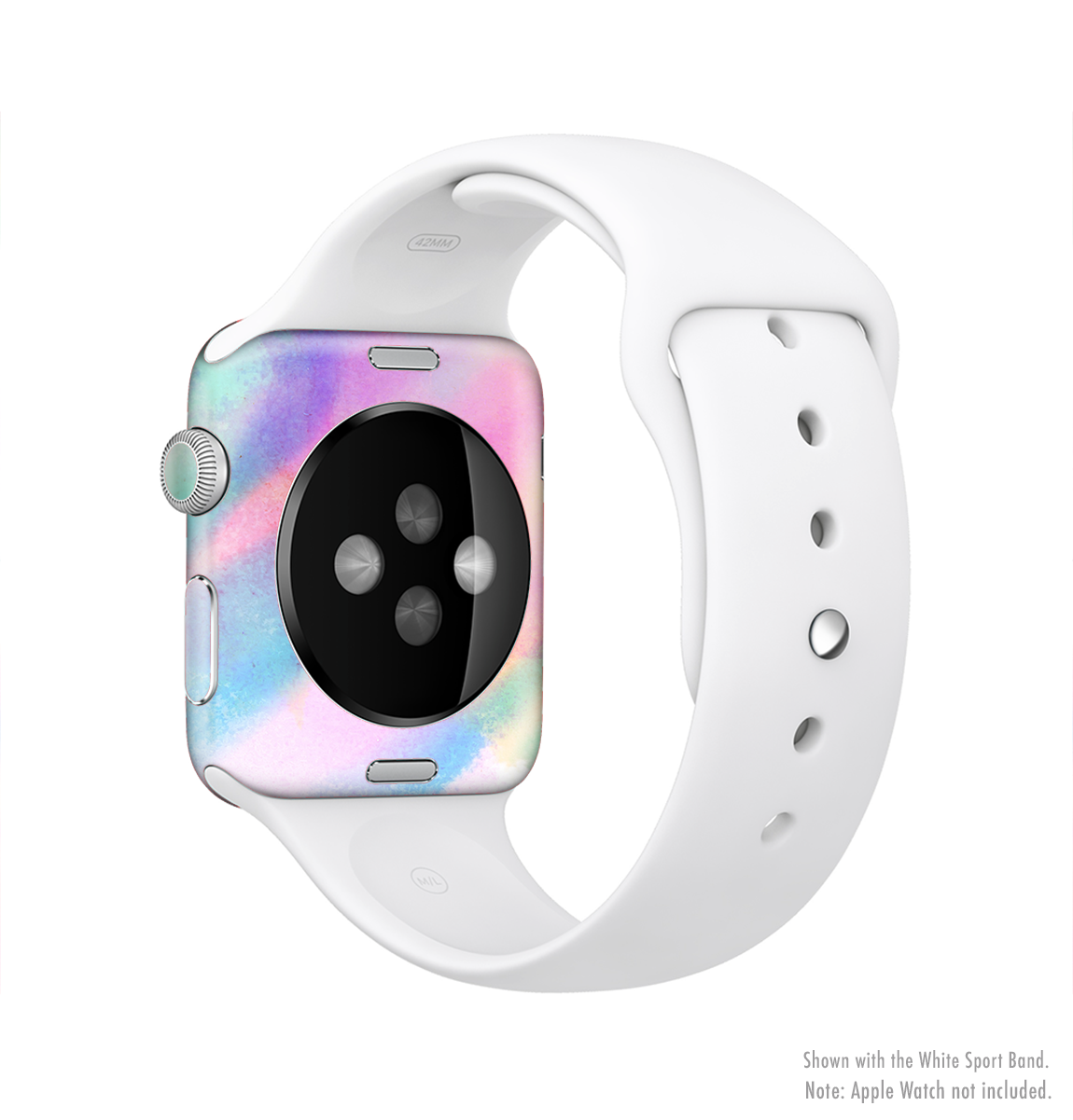 Colorful tie-dyed full-body skin kit for Apple Watch, showcasing vibrant patterns and a perfect fit.