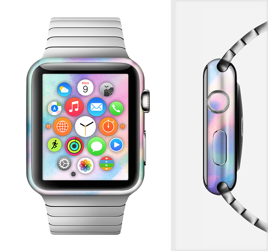 Colorful tie-dyed full-body skin kit for Apple Watch, showcasing vibrant patterns and a perfect fit.