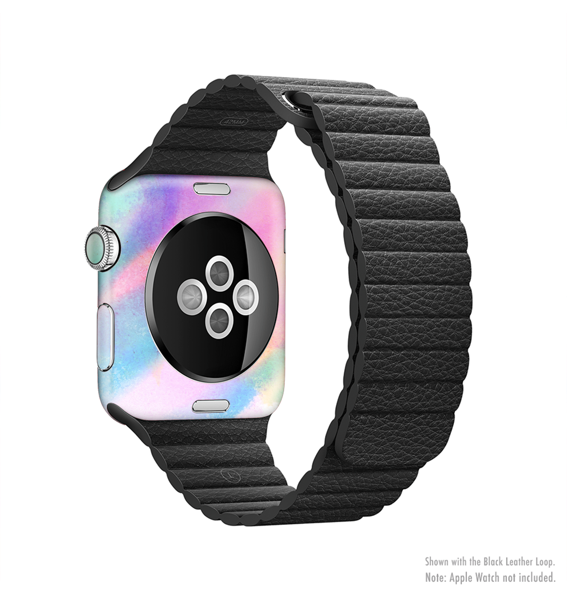 Colorful tie-dyed full-body skin kit for Apple Watch, showcasing vibrant patterns and a perfect fit.