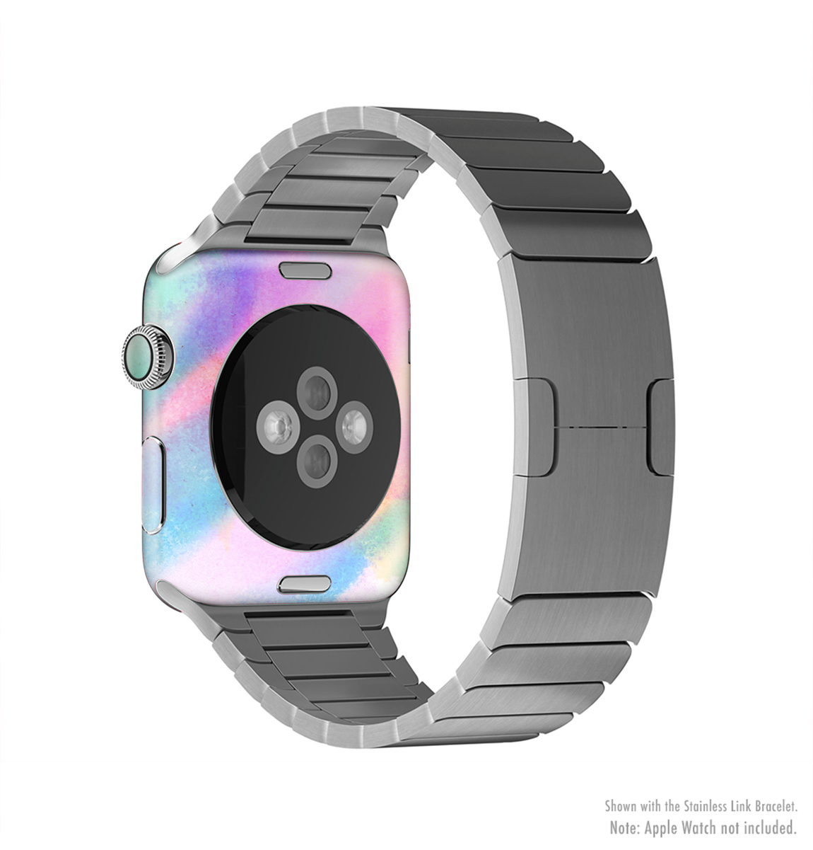 Colorful tie-dyed full-body skin kit for Apple Watch, showcasing vibrant patterns and a perfect fit.