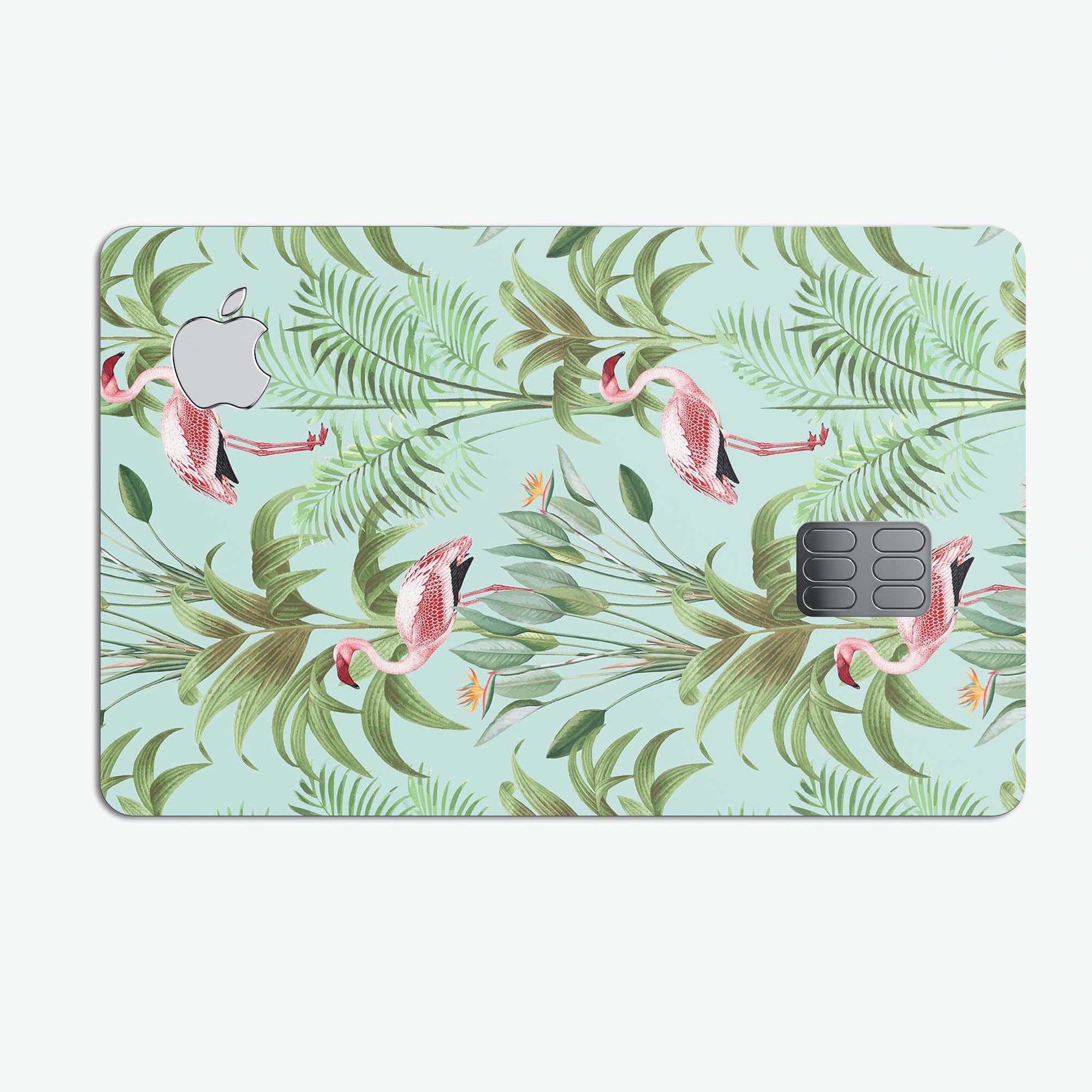 Tropical Flamingo Scene decal skin for Apple Card, showcasing vibrant colors and a protective design.