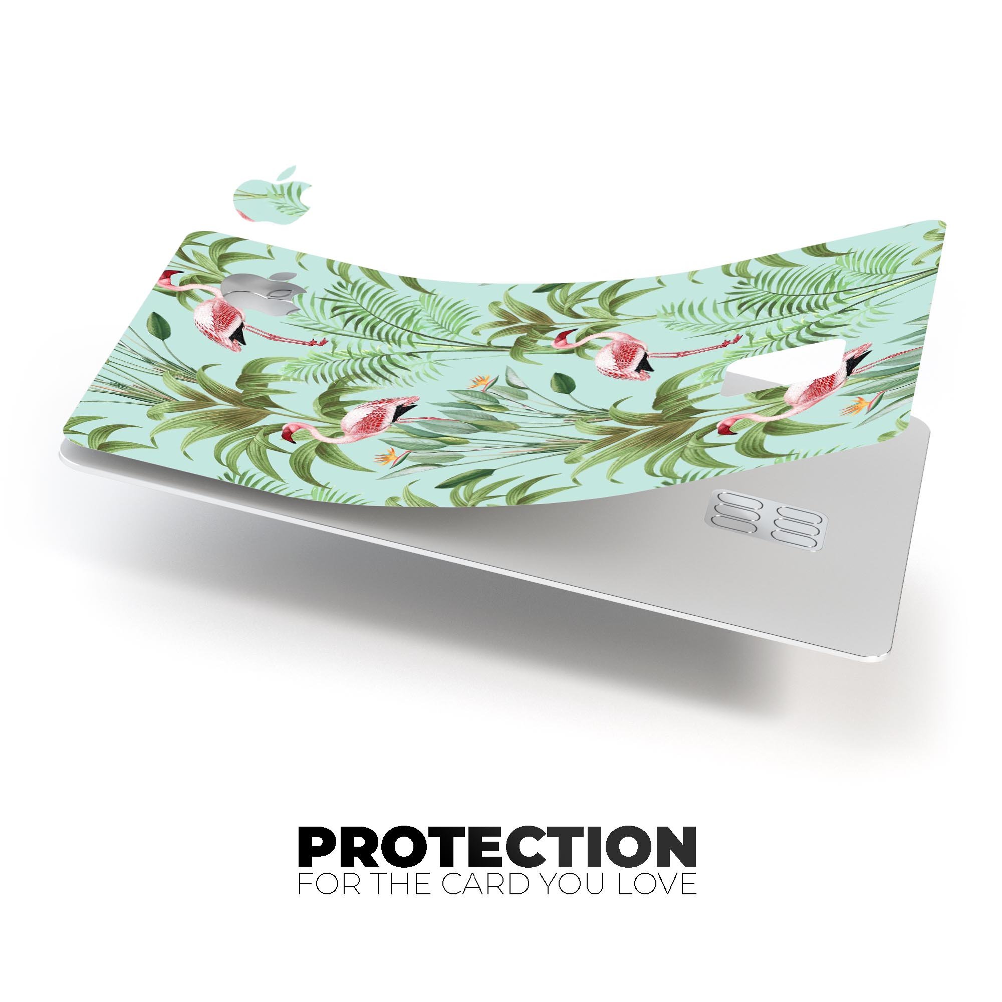 Tropical Flamingo Scene decal skin for Apple Card, showcasing vibrant colors and a protective design.