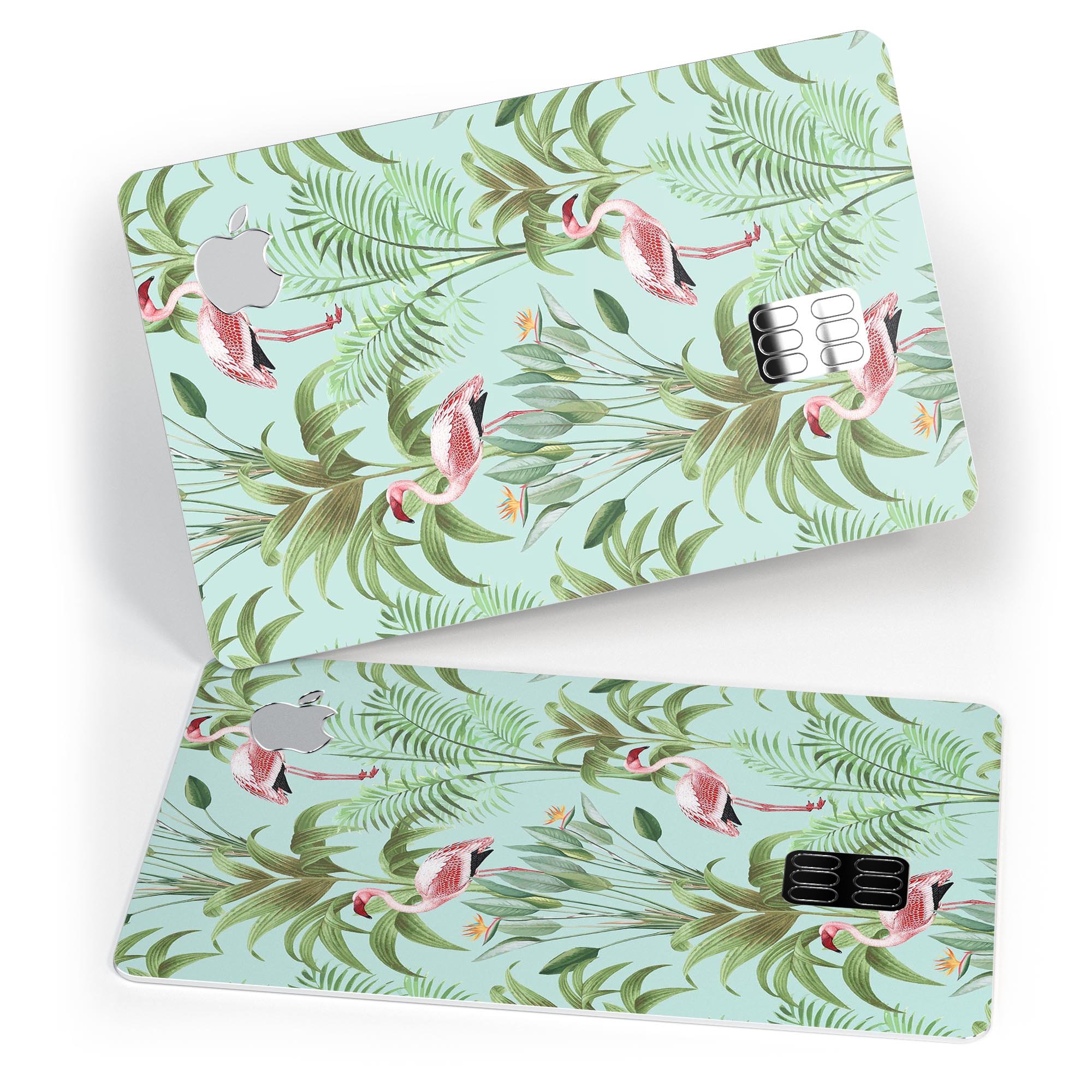 Tropical Flamingo Scene decal skin for Apple Card, showcasing vibrant colors and a protective design.