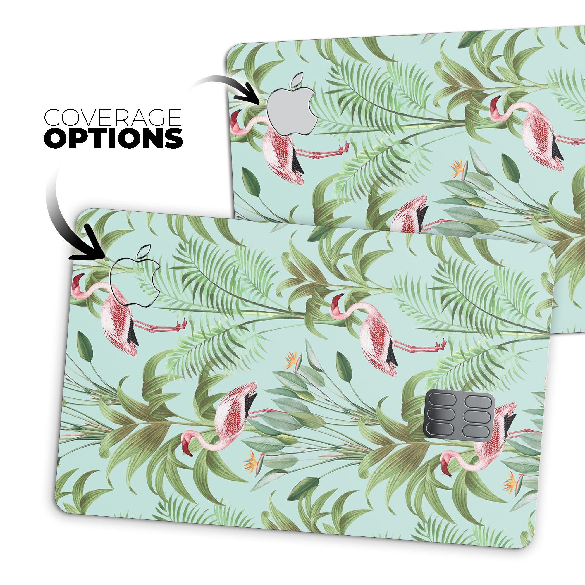 Tropical Flamingo Scene decal skin for Apple Card, showcasing vibrant colors and a protective design.