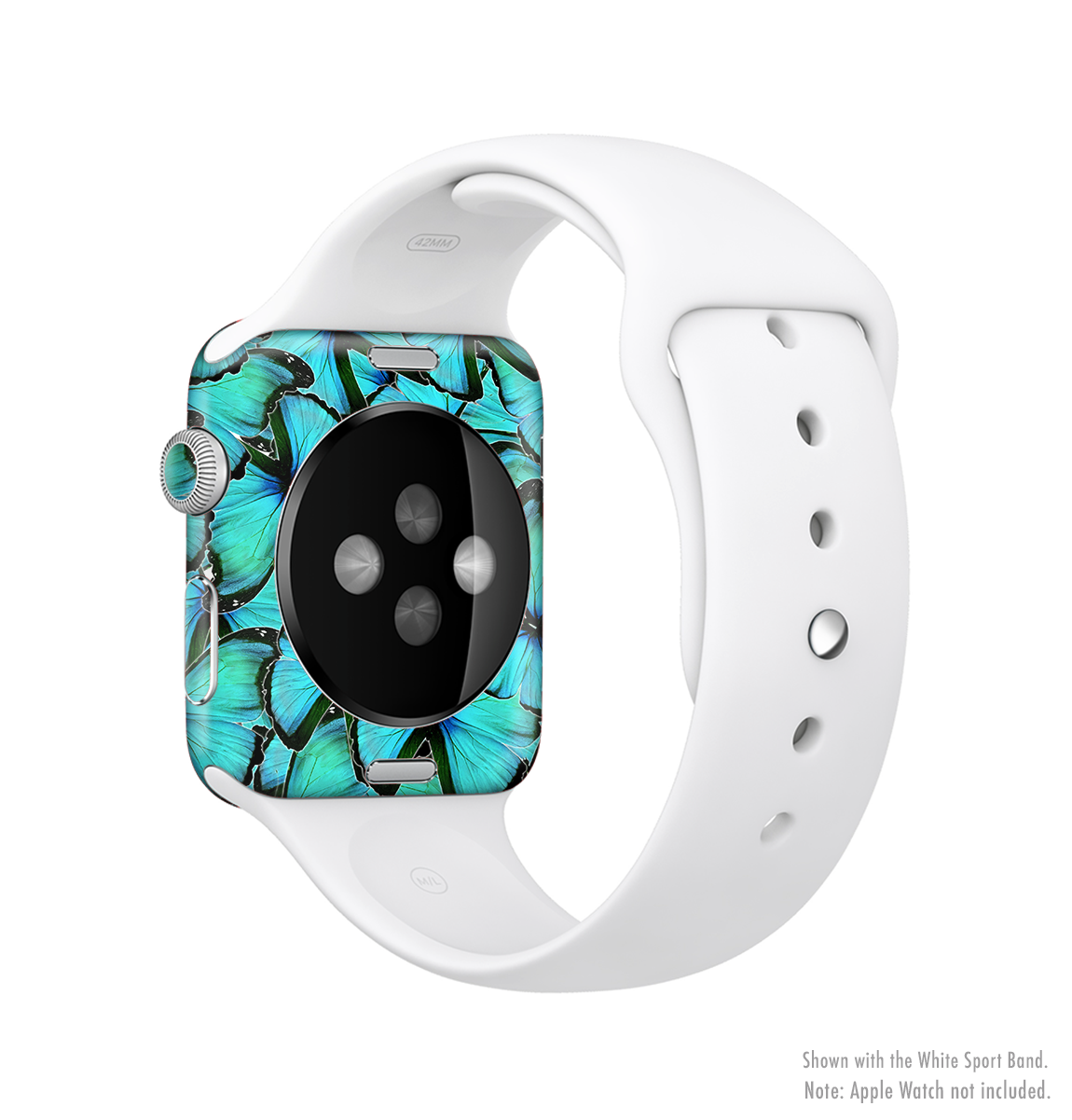 Turquoise Butterfly Full-Body Skin Kit for Apple Watch, showcasing vibrant colors and intricate butterfly design.