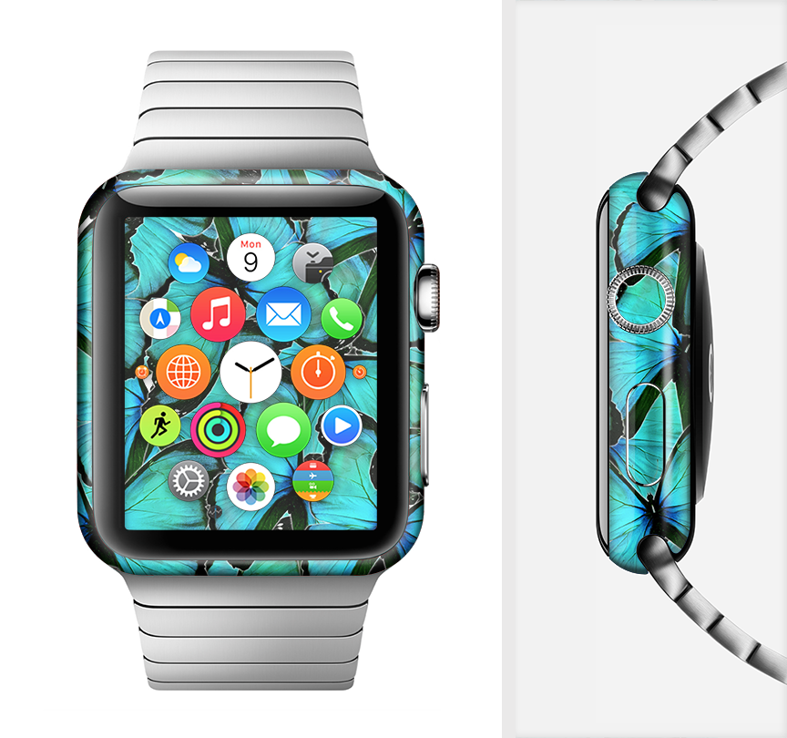 Turquoise Butterfly Full-Body Skin Kit for Apple Watch, showcasing vibrant colors and intricate butterfly design.