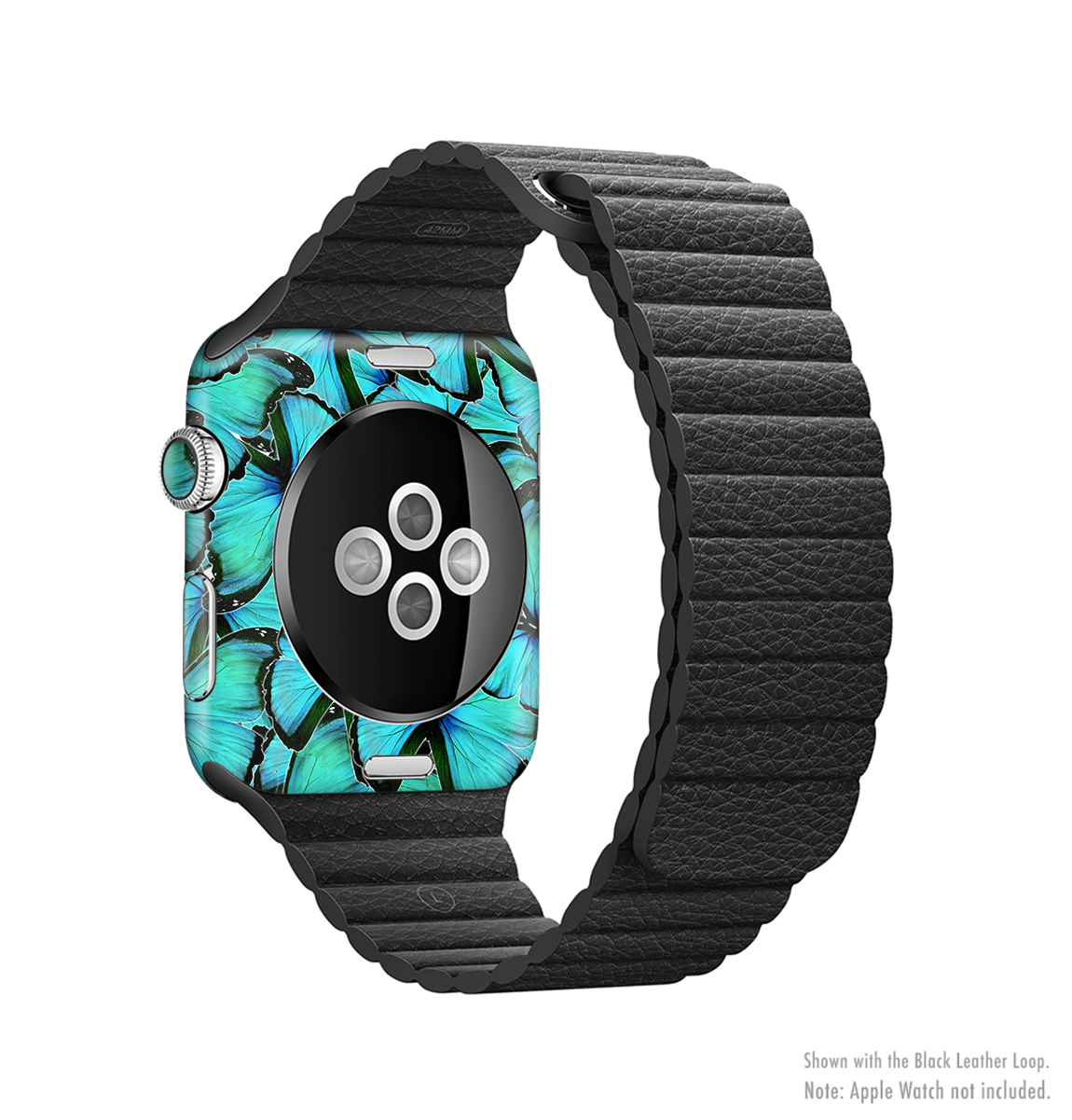 Turquoise Butterfly Full-Body Skin Kit for Apple Watch, showcasing vibrant colors and intricate butterfly design.