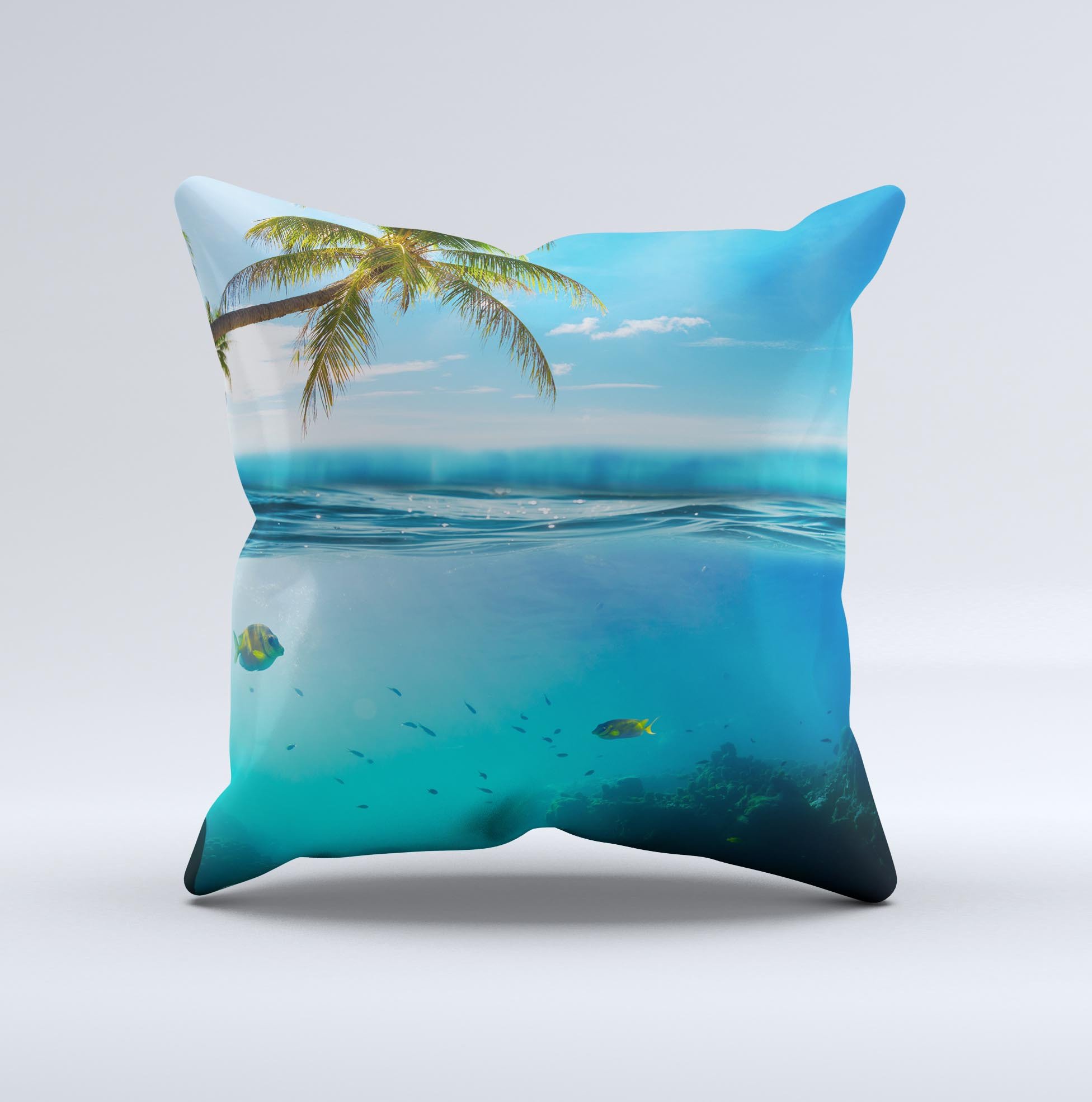 Underwater Reef ink-Fuzed Decorative Throw Pillow showcasing vibrant underwater graphics on a high-quality fabric.