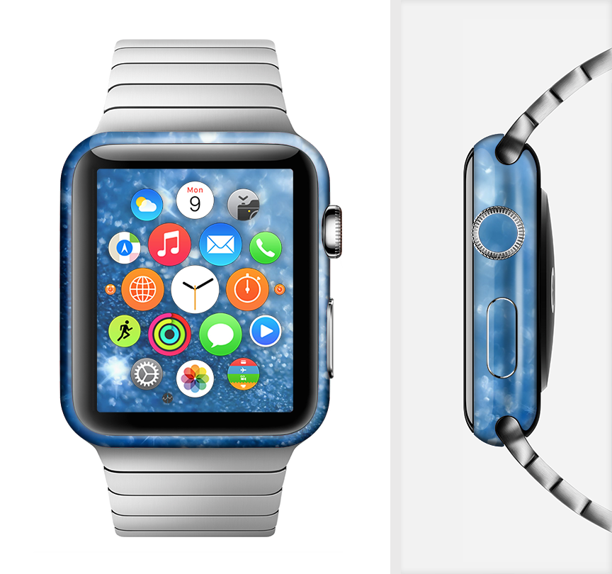 Unfocused Blue Sparkle Full-Body Skin Kit for Apple Watch, showcasing vibrant blue color and sparkling finish.