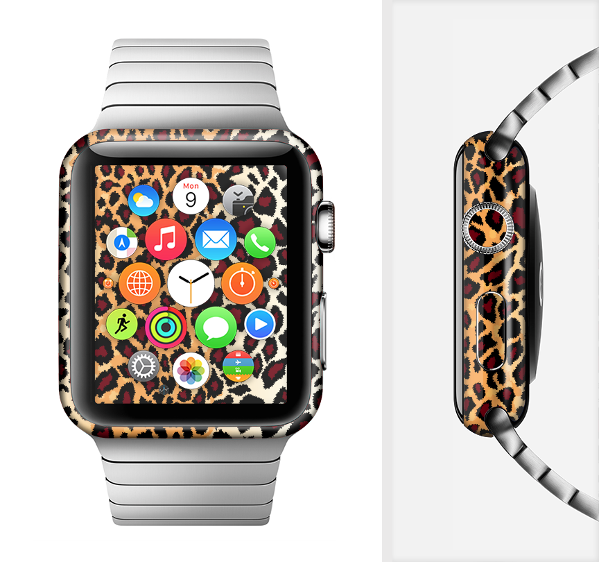 Vector Brown Leopard Print Full-Body Skin Kit for Apple Watch, showcasing a stylish leopard pattern on a sleek watch.