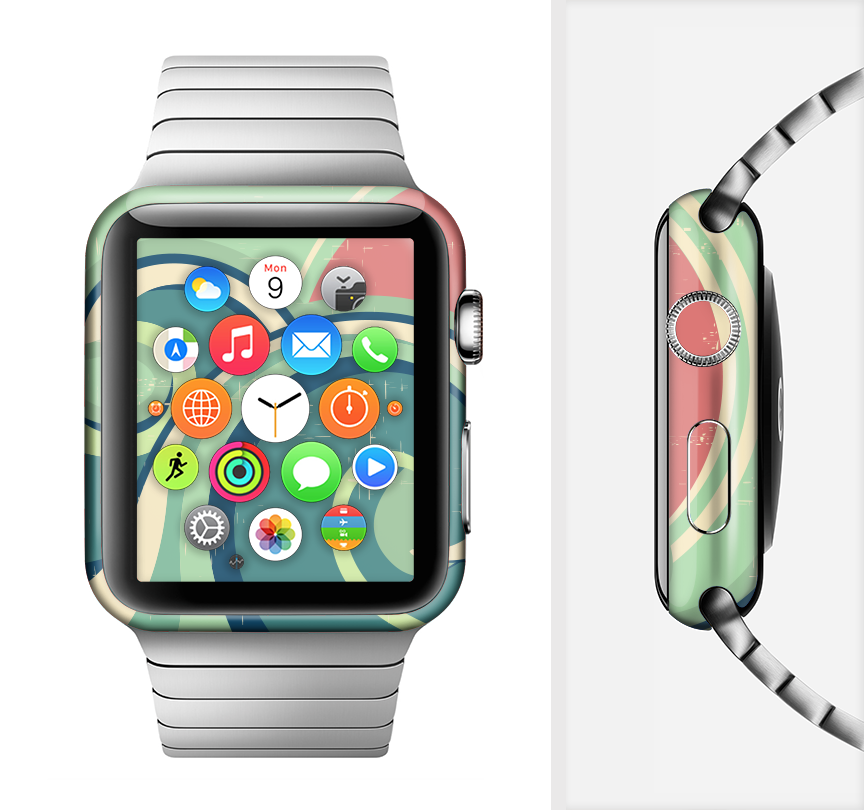 Vector Retro Green Waves Full-Body Skin Kit for Apple Watch, showcasing vibrant green wave design on a sleek watch.