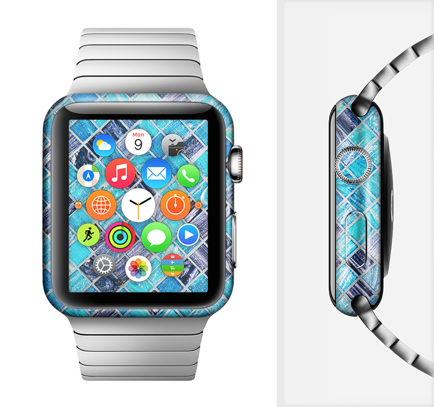 Vibrant Blue Glow-Tiles Full-Body Skin Kit for Apple Watch, showcasing a stylish design and premium vinyl material.