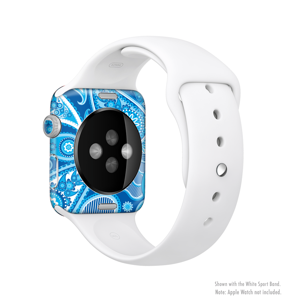 Vibrant blue paisley design skin kit for Apple Watch, showcasing its stylish pattern and full-body coverage.