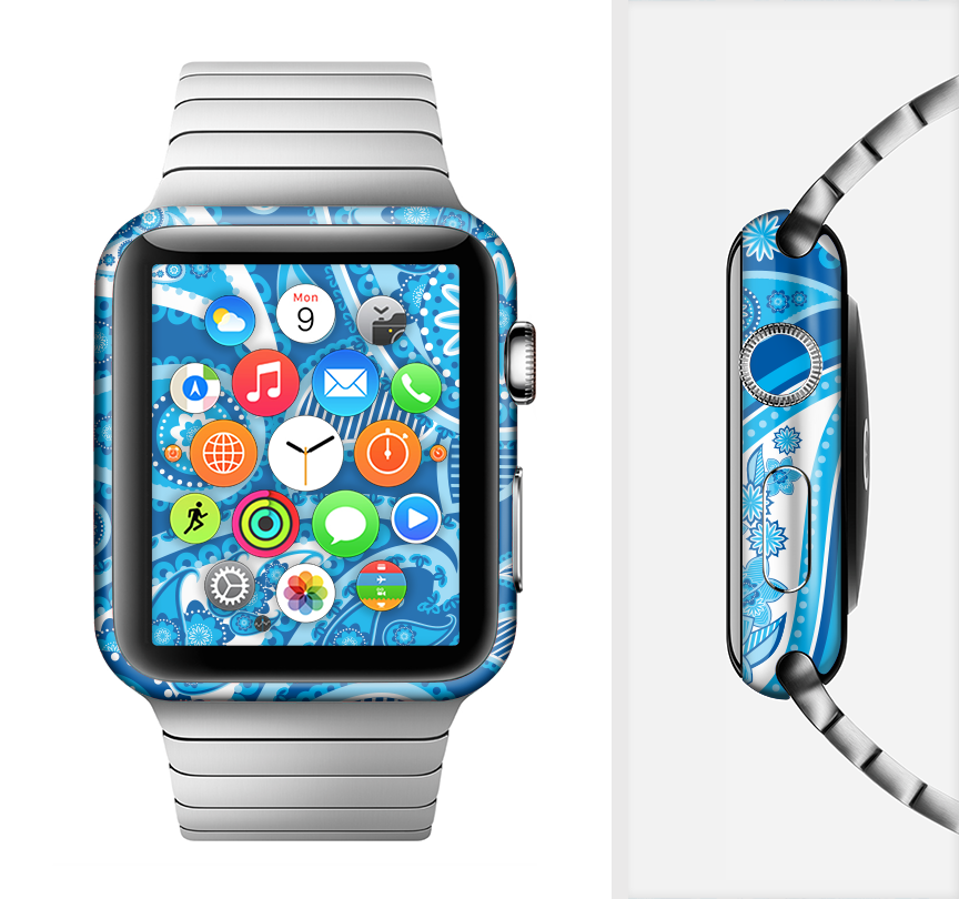 Vibrant blue paisley design skin kit for Apple Watch, showcasing its stylish pattern and full-body coverage.